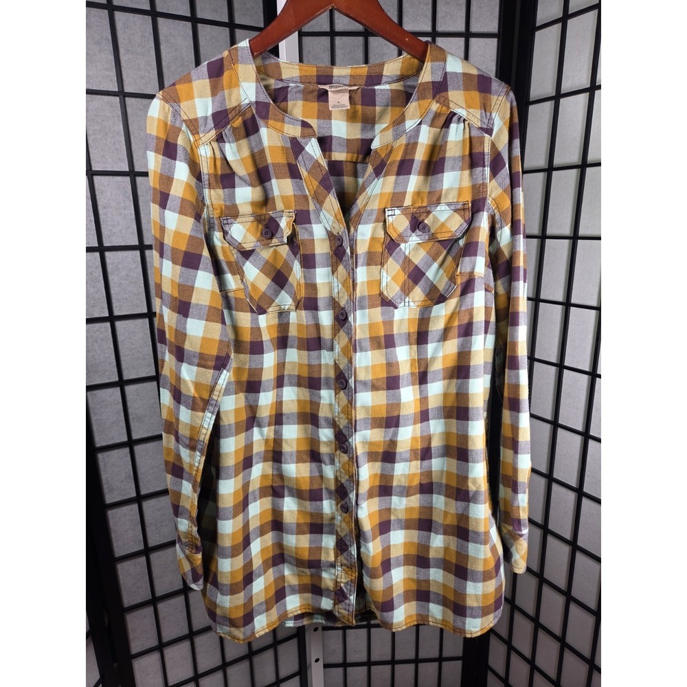 Duluth Trading Co Granola Cabin Lodge Womens Plaid Button Down Tunic Top Large